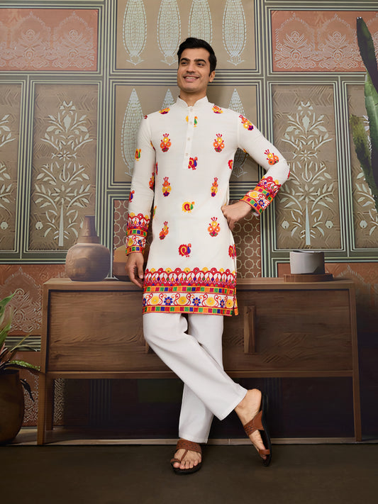 White Multicolor Embroidered Festive Kurta