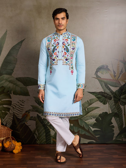 Sky Blue Viscose Silk Embroidered Kurta