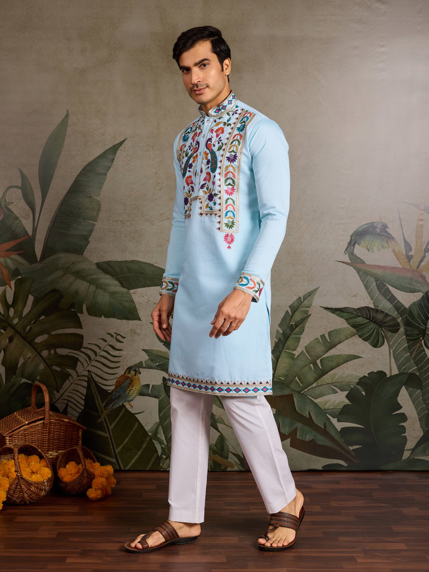 Sky Blue Viscose Silk Embroidered Kurta