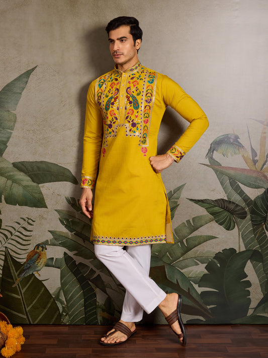 Men’s Yellow Viscose Silk Embroidered Kurta