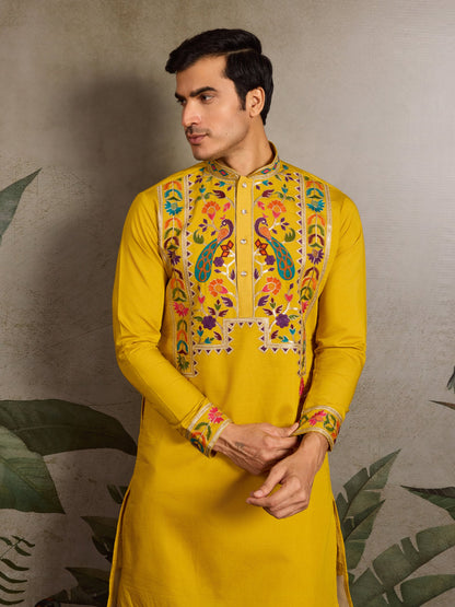 Men’s Yellow Viscose Silk Embroidered Kurta