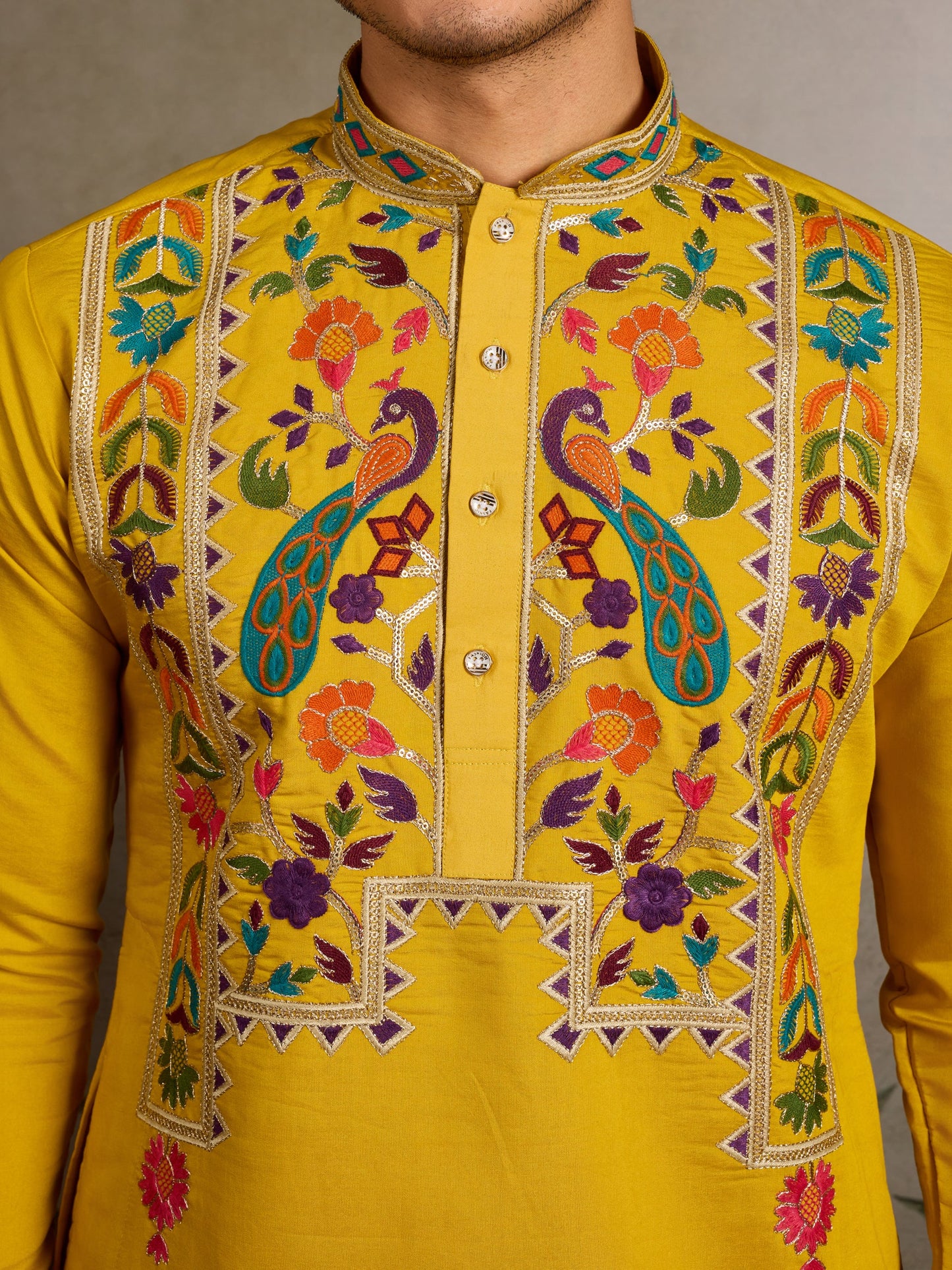 Men’s Yellow Viscose Silk Embroidered Kurta
