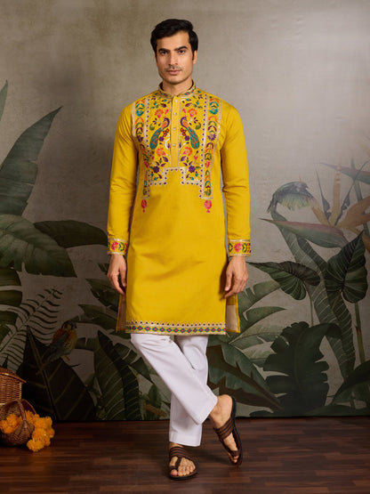 Men’s Yellow Viscose Silk Embroidered Kurta