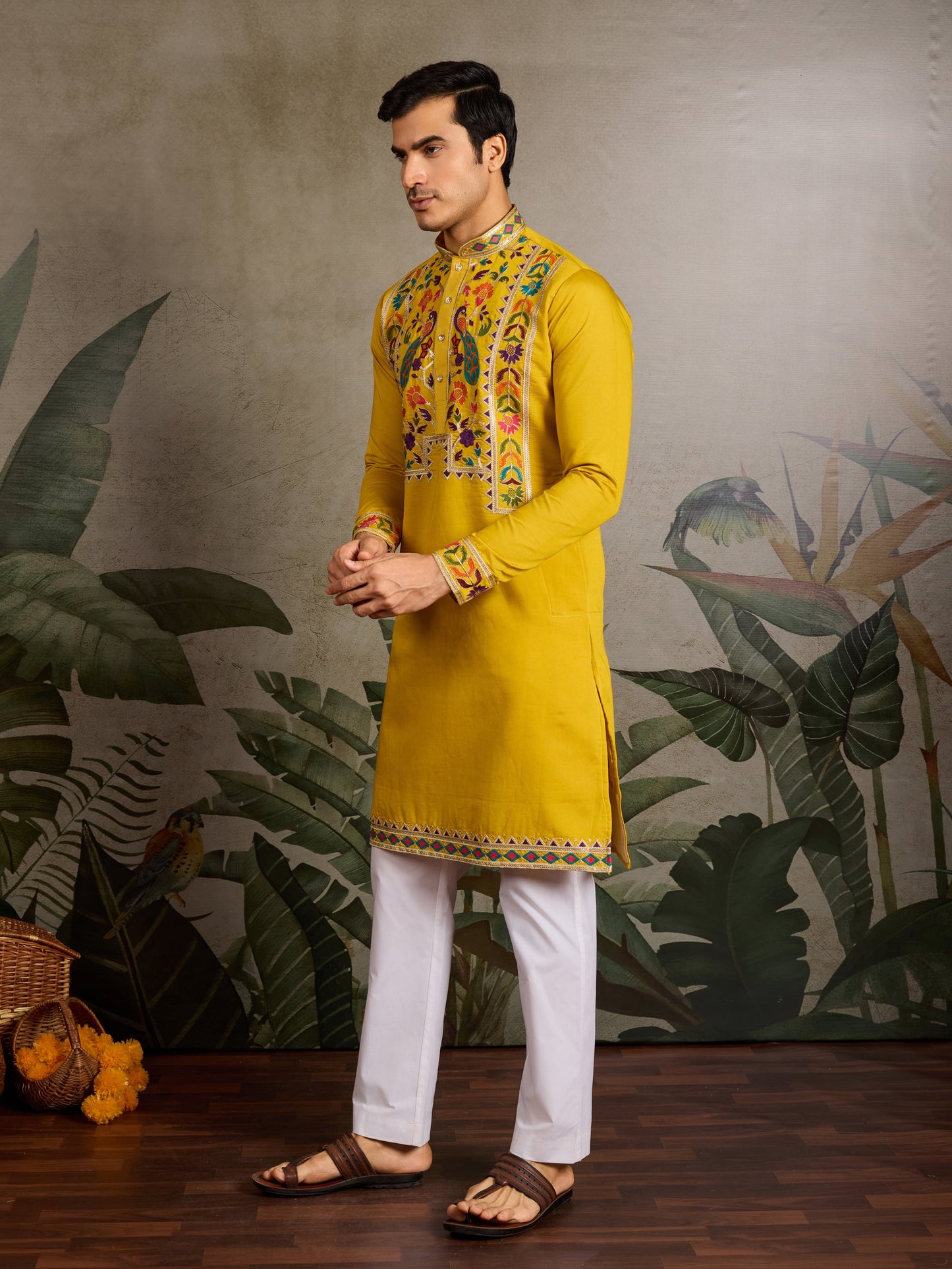Men’s Yellow Viscose Silk Embroidered Kurta