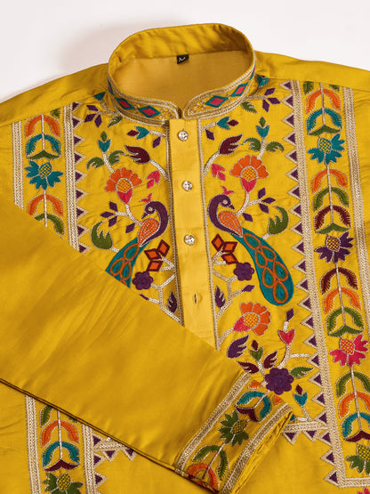 Men’s Yellow Viscose Silk Embroidered Kurta