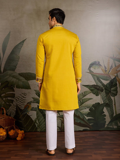 Men’s Yellow Viscose Silk Embroidered Kurta