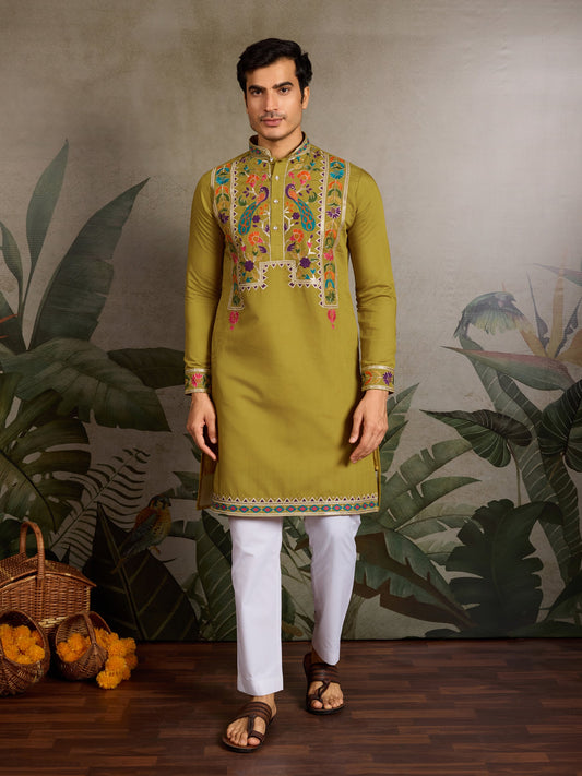 Festive & Wedding Wear Men’s Kurta – Green Viscose Silk, Embroidered Design