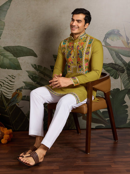 Festive & Wedding Wear Men’s Kurta – Green Viscose Silk, Embroidered Design