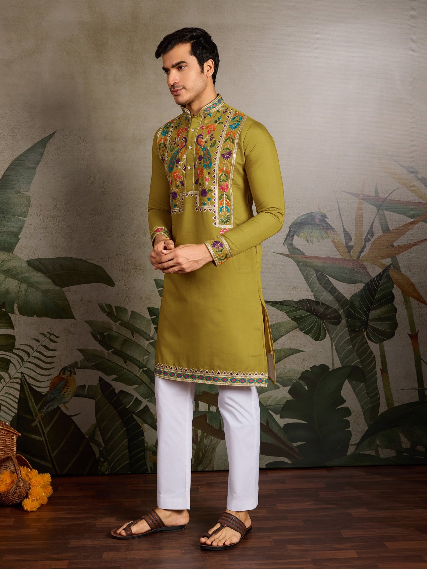 Festive & Wedding Wear Men’s Kurta – Green Viscose Silk, Embroidered Design