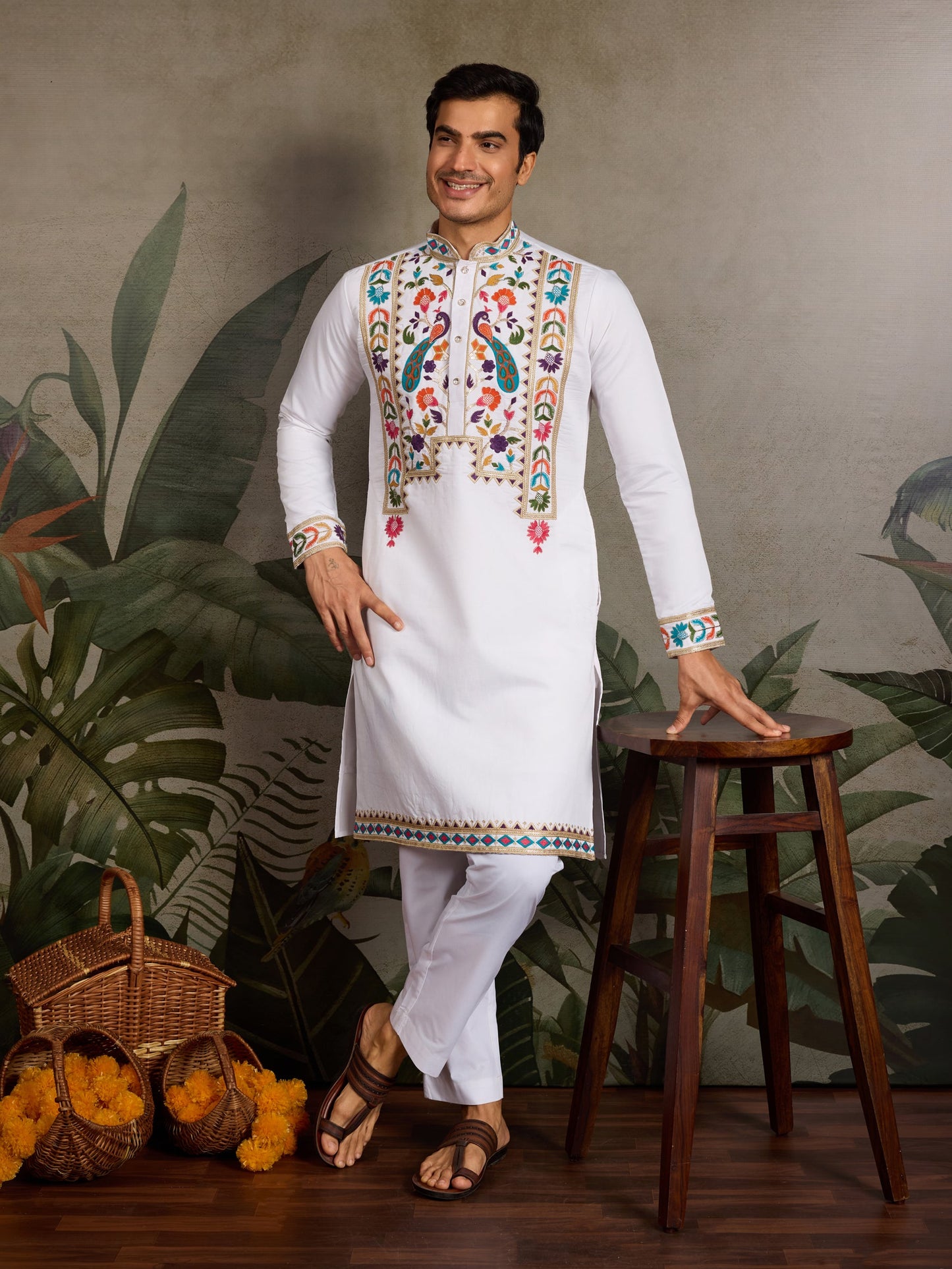 Elegant White Viscose Silk Kurta with Colorful Embroidery Work