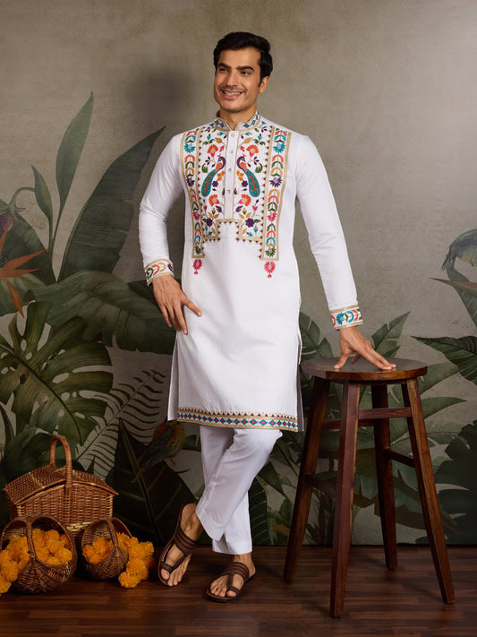 Elegant White Viscose Silk Kurta with Colorful Embroidery Work