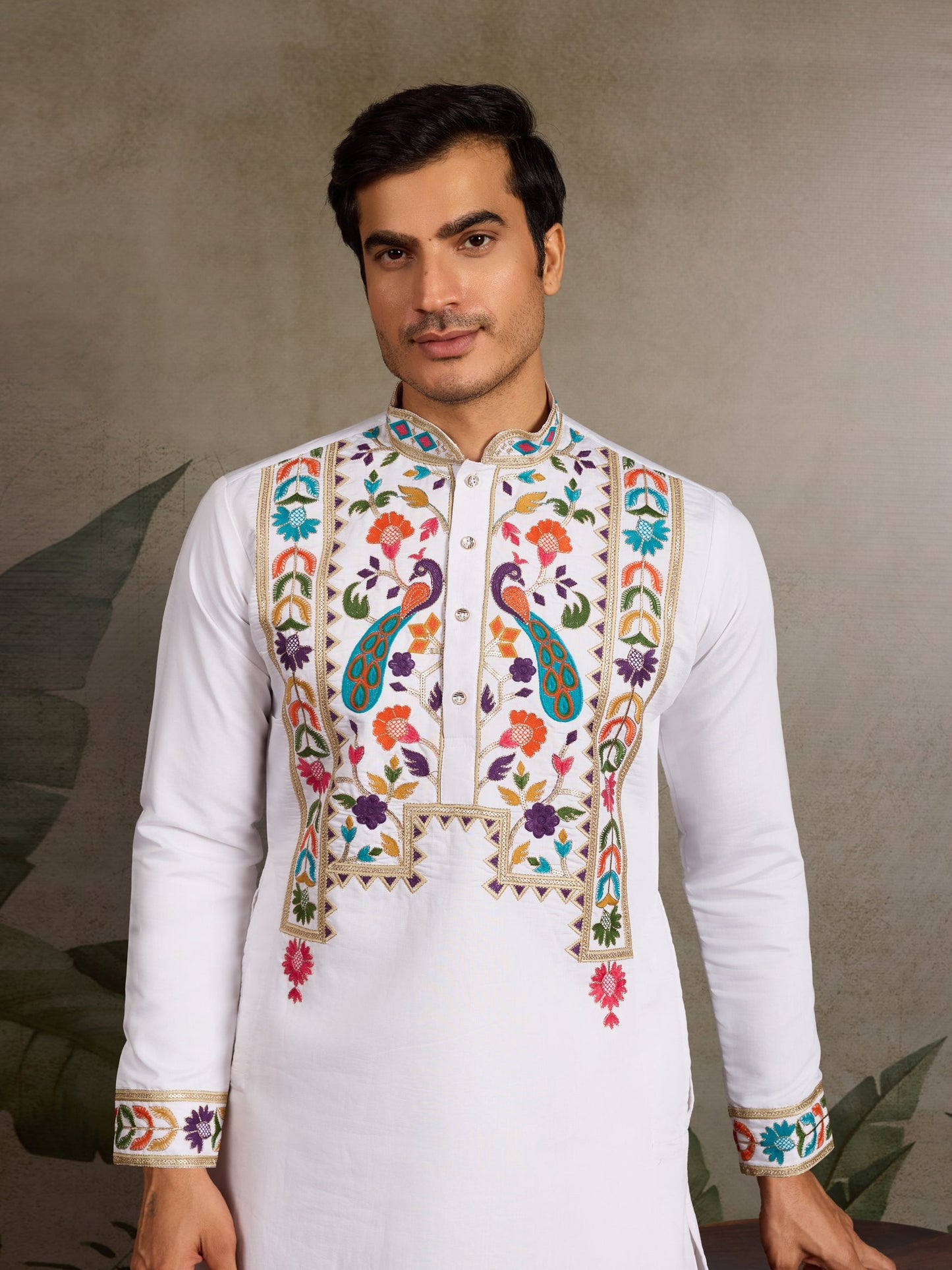 Elegant White Viscose Silk Kurta with Colorful Embroidery Work