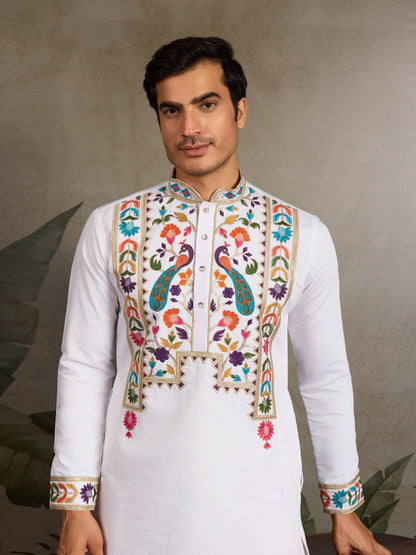Elegant White Viscose Silk Kurta with Colorful Embroidery Work