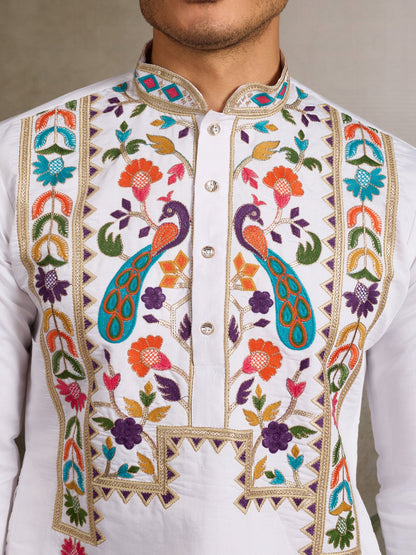 Elegant White Viscose Silk Kurta with Colorful Embroidery Work