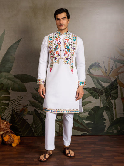 Elegant White Viscose Silk Kurta with Colorful Embroidery Work
