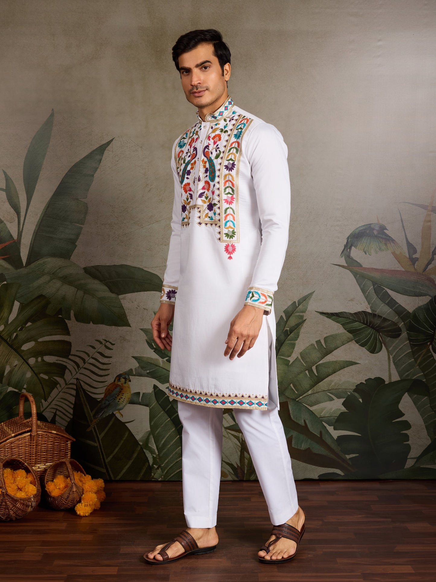 Elegant White Viscose Silk Kurta with Colorful Embroidery Work