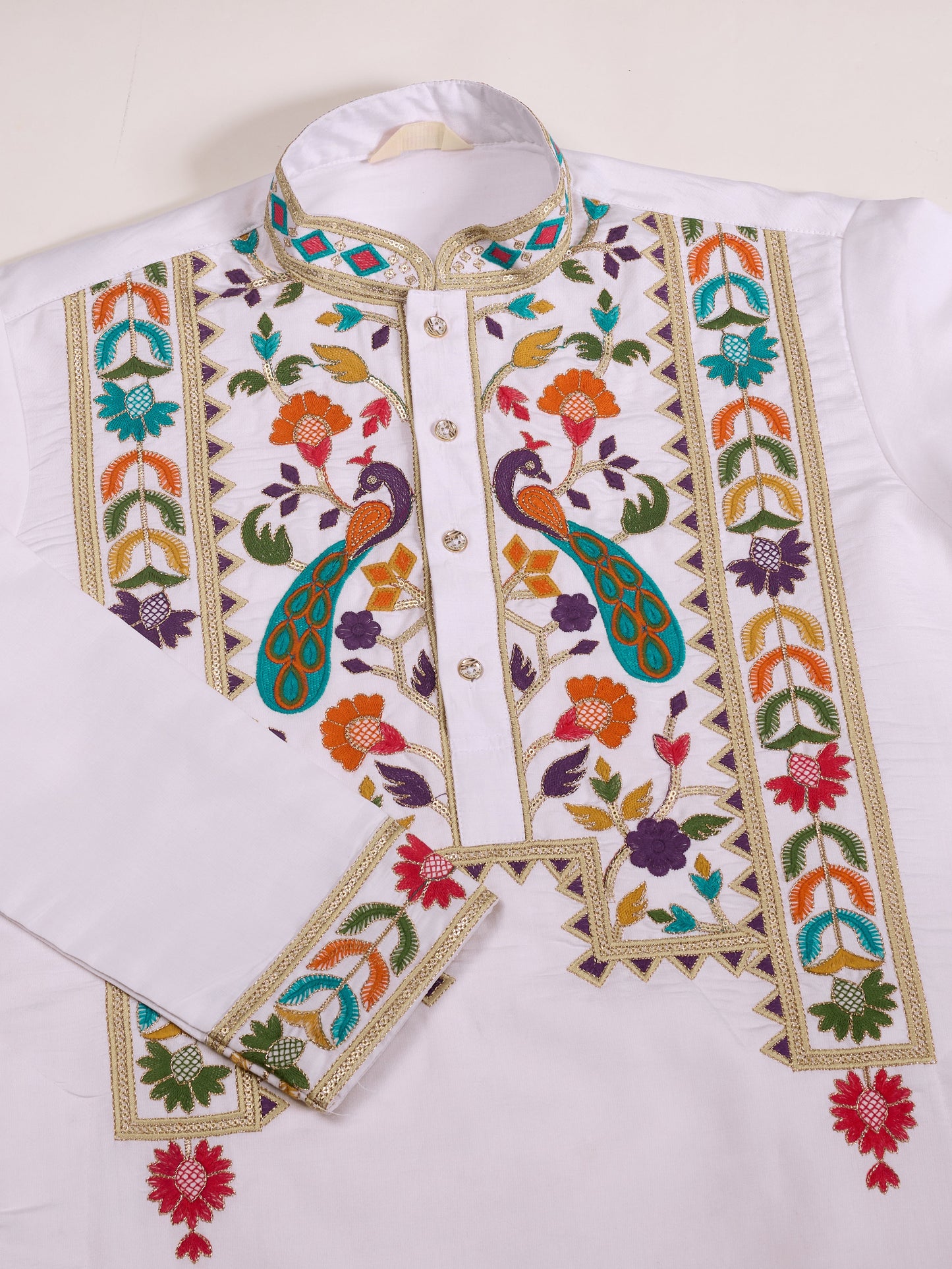 Elegant White Viscose Silk Kurta with Colorful Embroidery Work