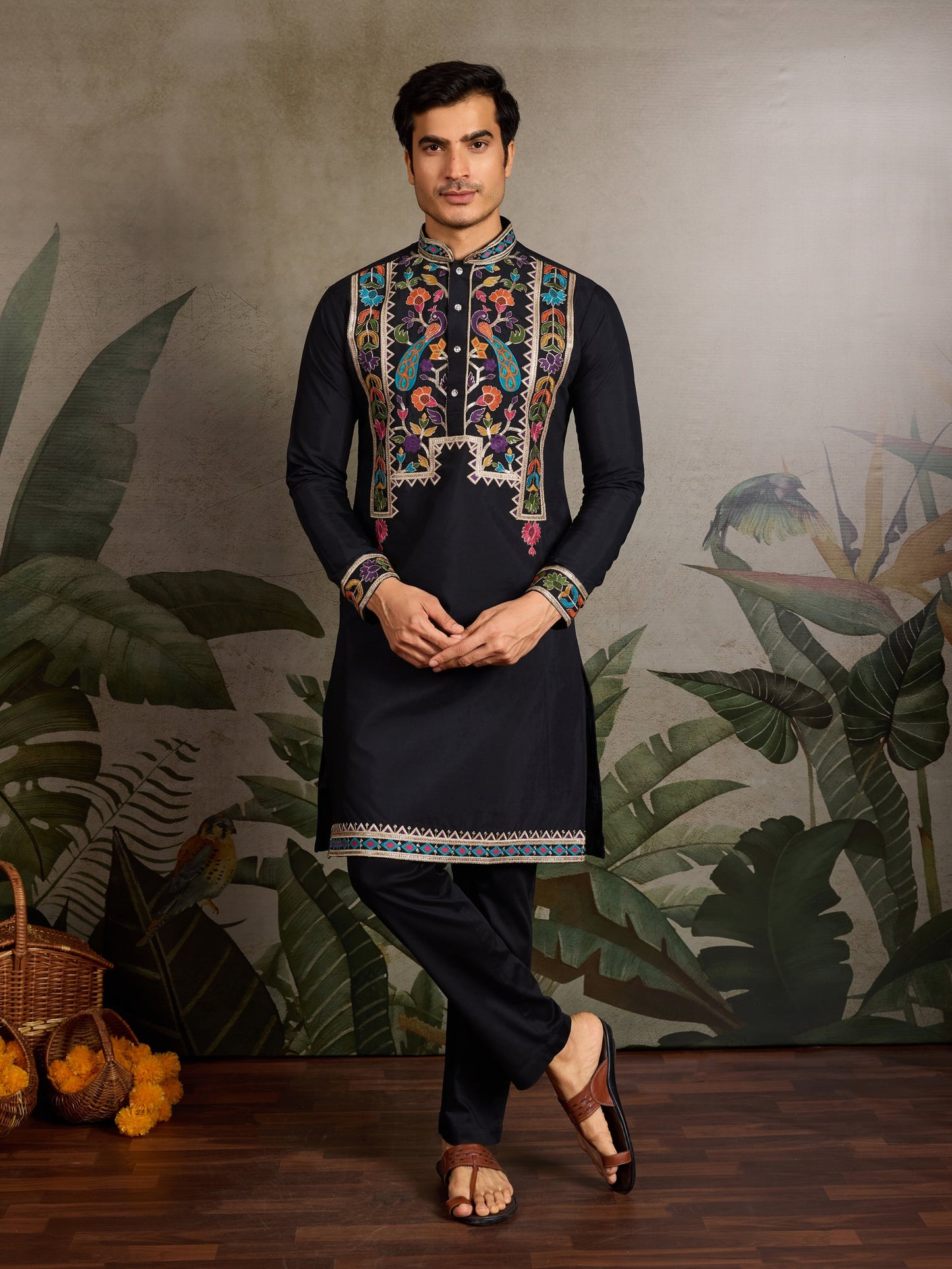 Black Viscose Silk Kurta with Multicolor Thread Embroidery – Festive & Ethnic Wear