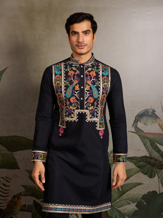Black Viscose Silk Kurta with Multicolor Thread Embroidery – Festive & Ethnic Wear