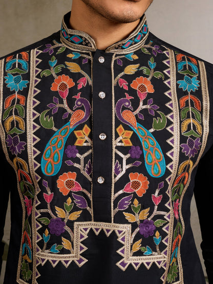 Black Viscose Silk Kurta with Multicolor Thread Embroidery – Festive & Ethnic Wear