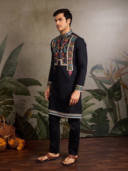 Black Viscose Silk Kurta with Multicolor Thread Embroidery – Festive & Ethnic Wear