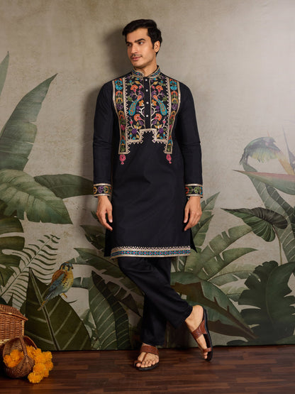 Black Viscose Silk Kurta with Multicolor Thread Embroidery – Festive & Ethnic Wear