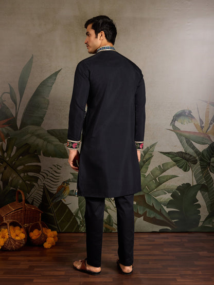 Black Viscose Silk Kurta with Multicolor Thread Embroidery – Festive & Ethnic Wear