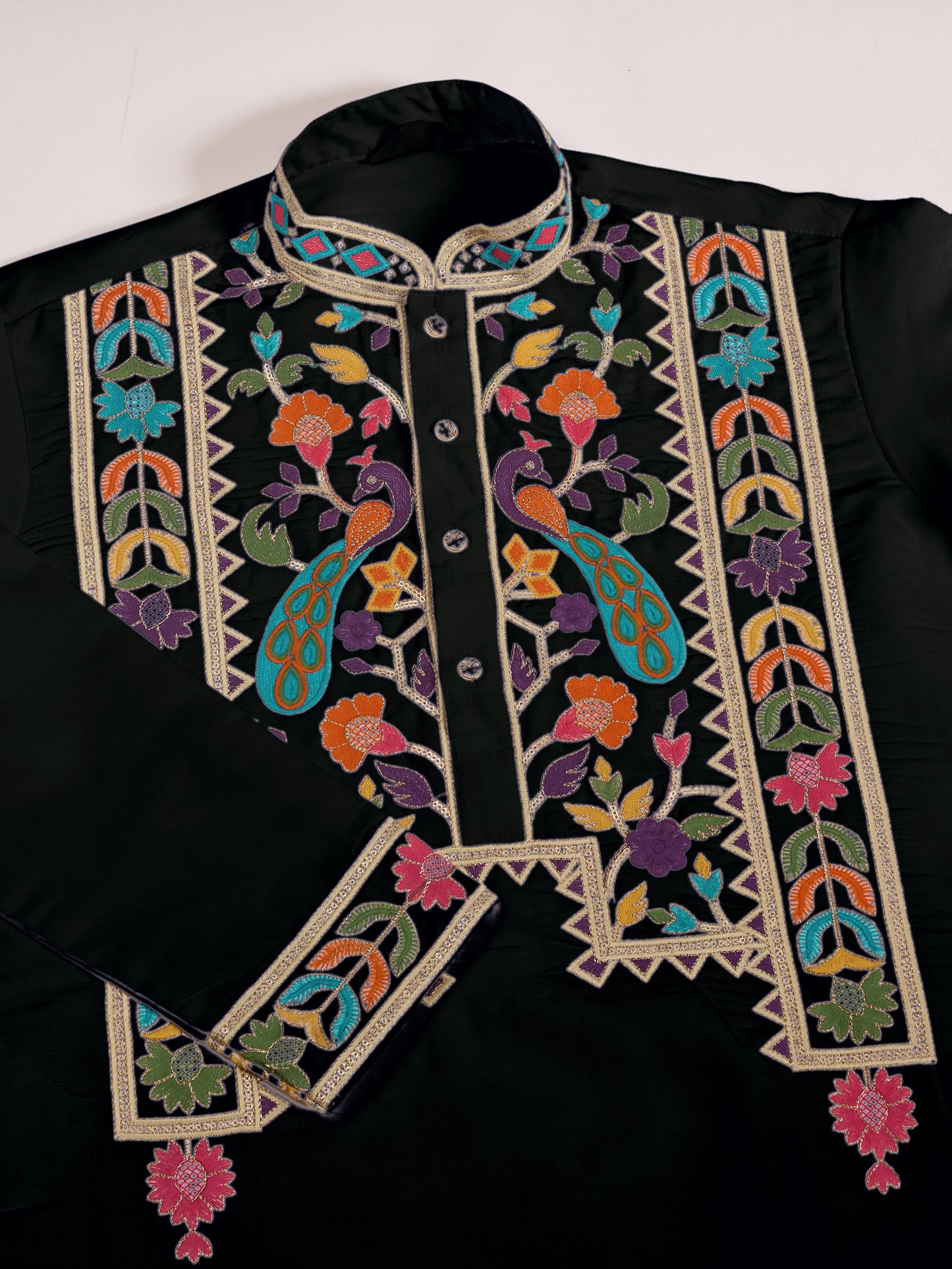Black Viscose Silk Kurta with Multicolor Thread Embroidery – Festive & Ethnic Wear