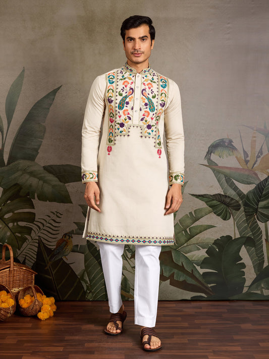 Beige Viscose Silk Embroidered Kurta for Men with Peacock Design