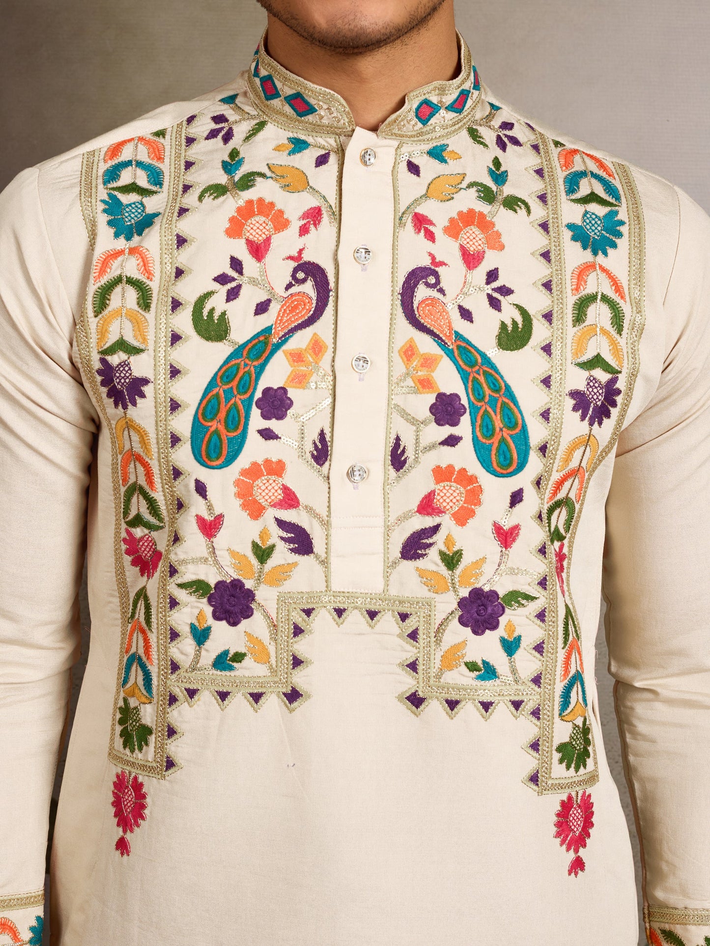Beige Viscose Silk Embroidered Kurta for Men with Peacock Design