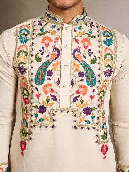 Beige Viscose Silk Embroidered Kurta for Men with Peacock Design