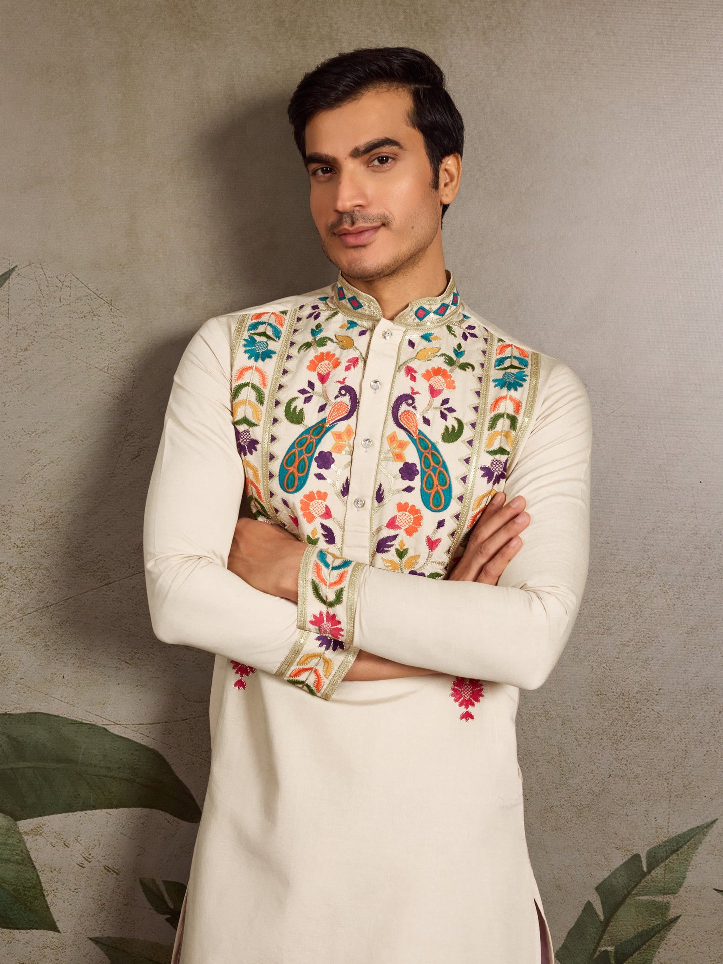 Beige Viscose Silk Embroidered Kurta for Men with Peacock Design