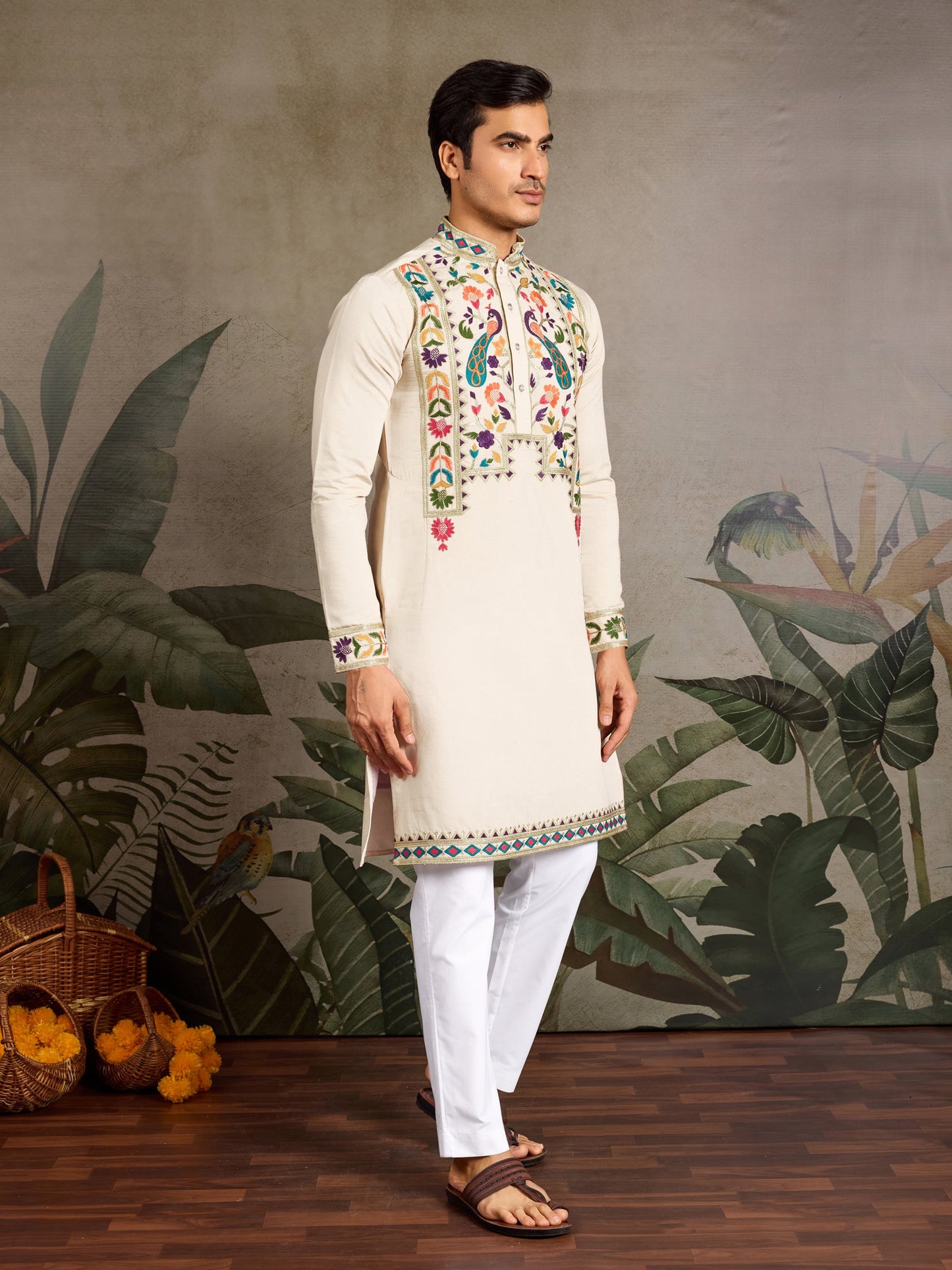 Beige Viscose Silk Embroidered Kurta for Men with Peacock Design