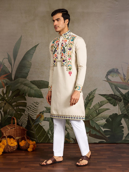 Beige Viscose Silk Embroidered Kurta for Men with Peacock Design
