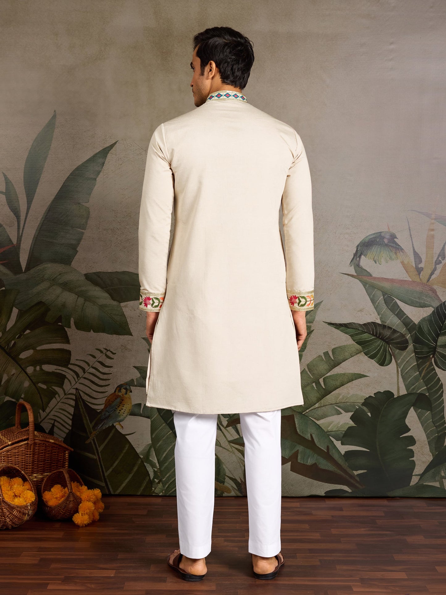 Beige Viscose Silk Embroidered Kurta for Men with Peacock Design