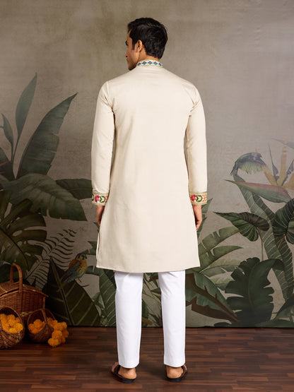 Beige Viscose Silk Embroidered Kurta for Men with Peacock Design