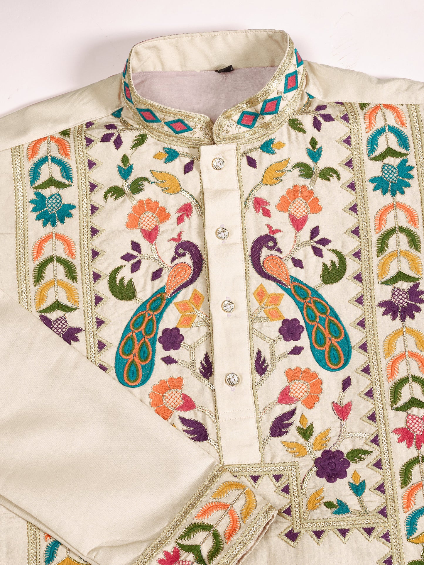 Beige Viscose Silk Embroidered Kurta for Men with Peacock Design