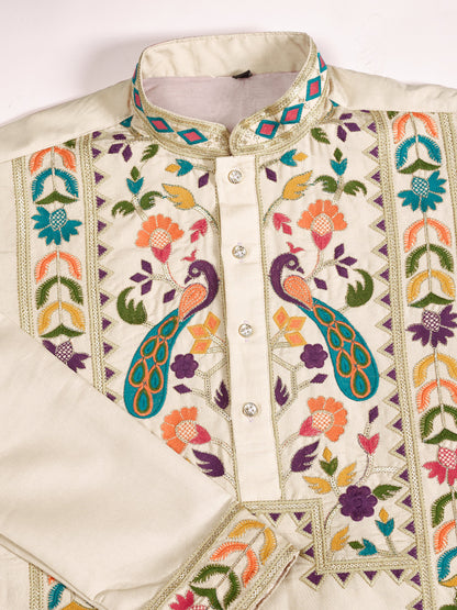 Beige Viscose Silk Embroidered Kurta for Men with Peacock Design