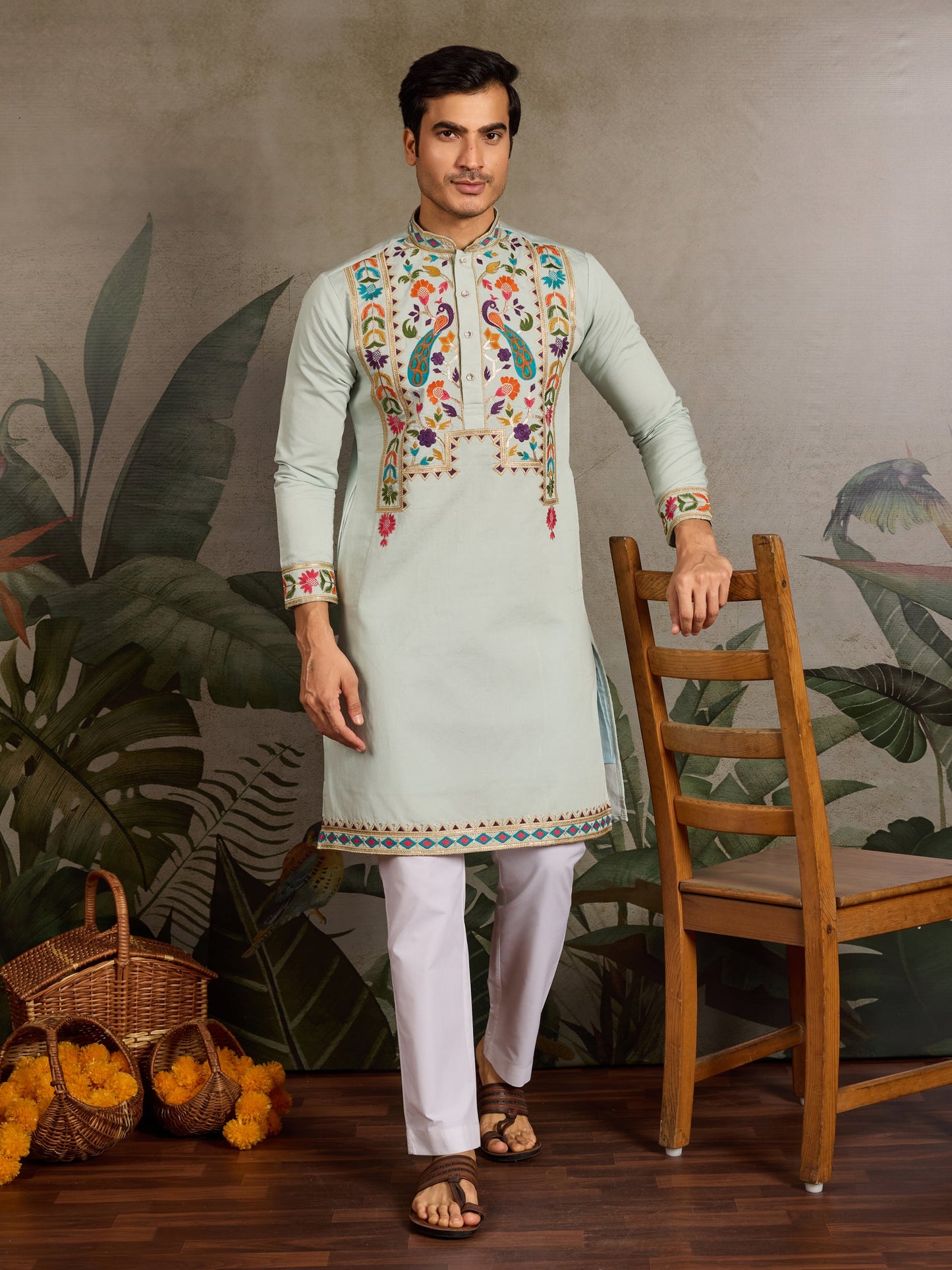 Men’s Pista Green Embroidered Viscose Silk Kurta