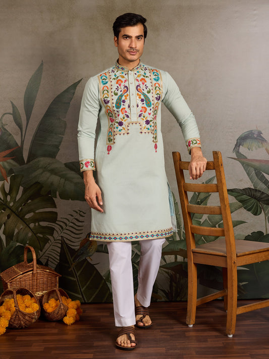 Men’s Pista Green Embroidered Viscose Silk Kurta