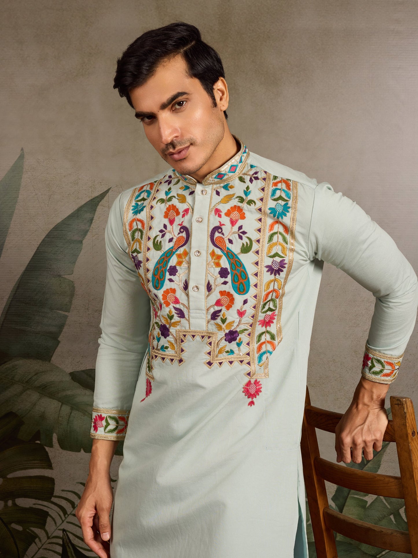 Men’s Pista Green Embroidered Viscose Silk Kurta