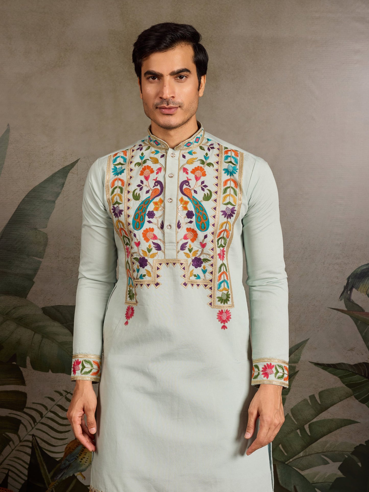 Men’s Pista Green Embroidered Viscose Silk Kurta
