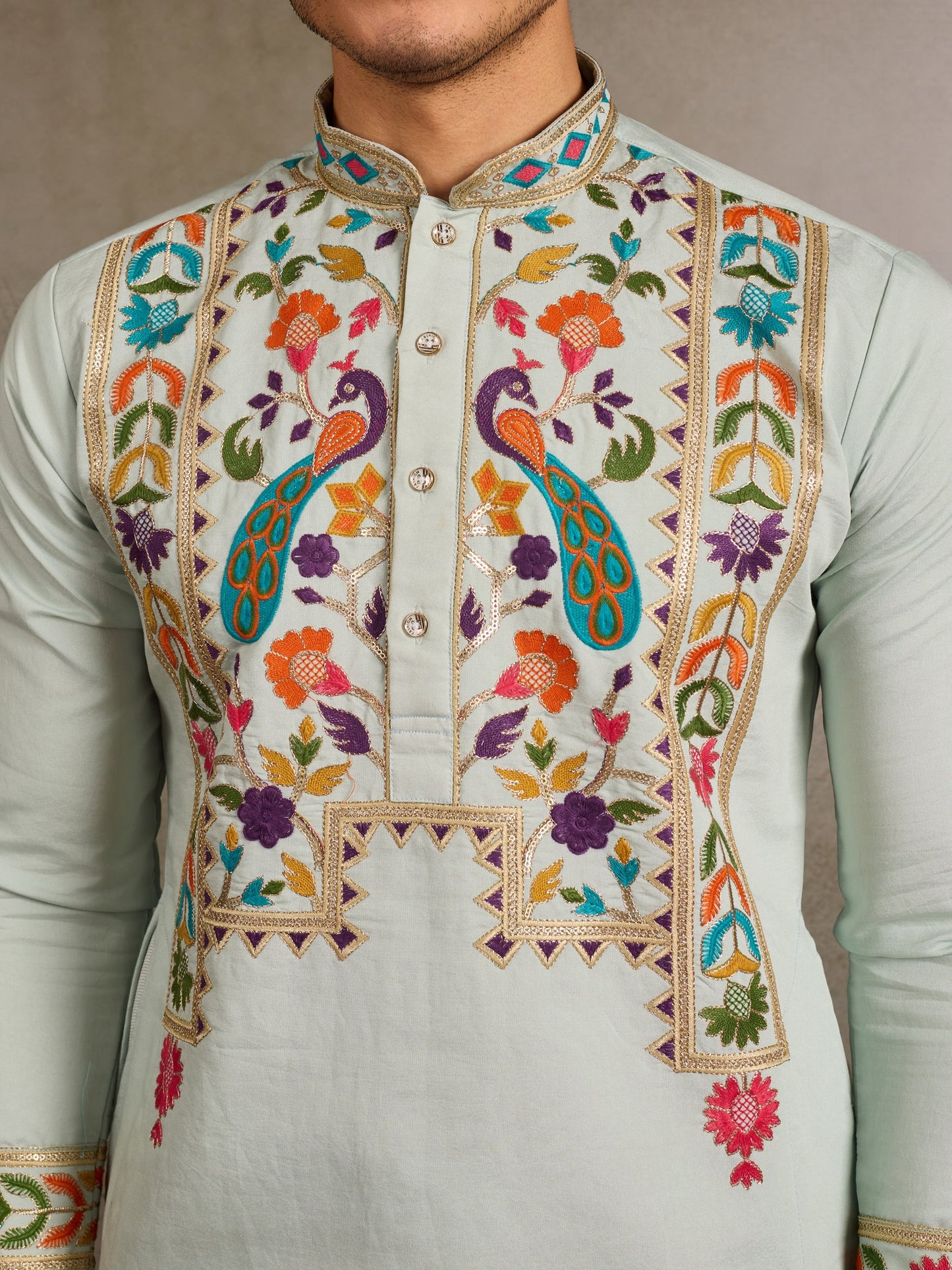 Men’s Pista Green Embroidered Viscose Silk Kurta