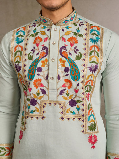 Men’s Pista Green Embroidered Viscose Silk Kurta