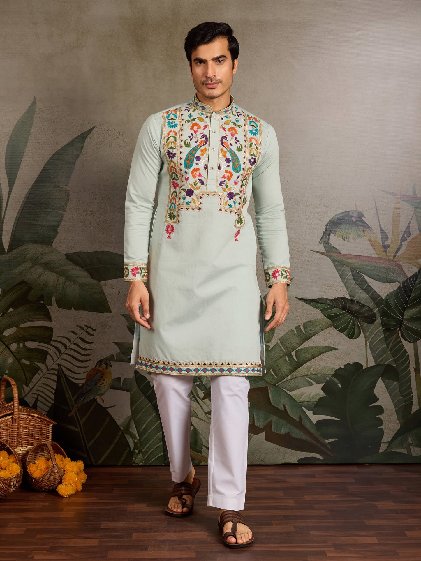 Men’s Pista Green Embroidered Viscose Silk Kurta