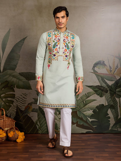Men’s Pista Green Embroidered Viscose Silk Kurta