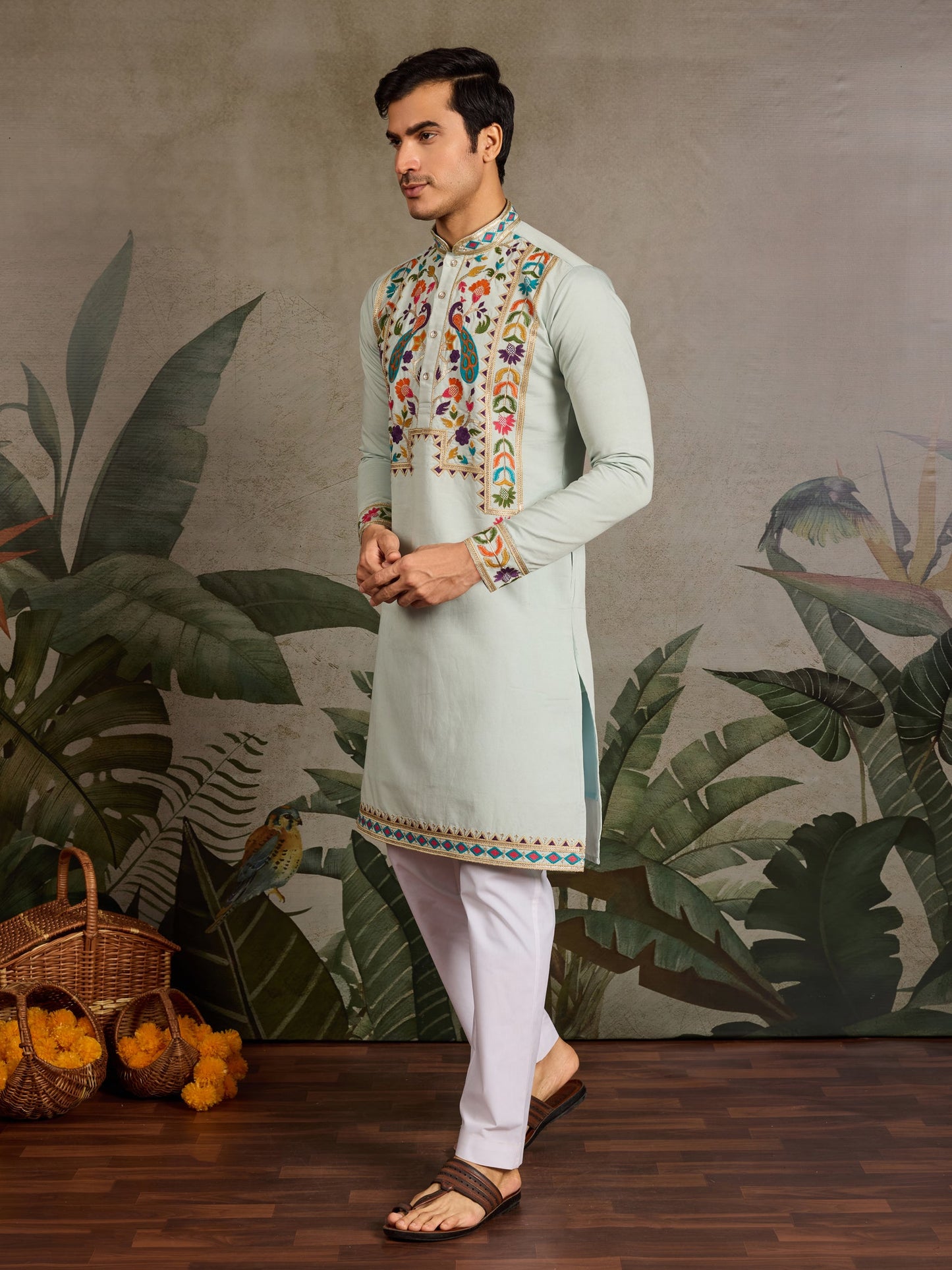 Men’s Pista Green Embroidered Viscose Silk Kurta