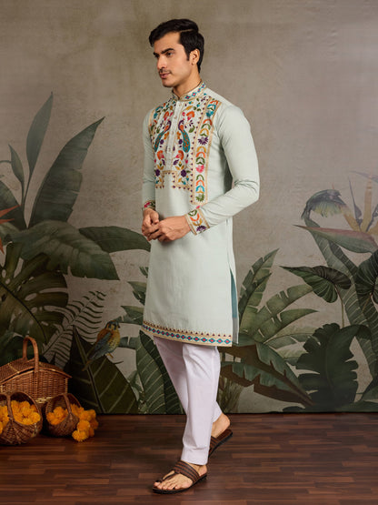 Men’s Pista Green Embroidered Viscose Silk Kurta