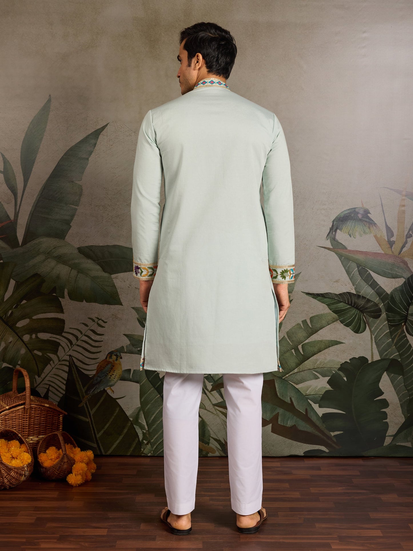 Men’s Pista Green Embroidered Viscose Silk Kurta
