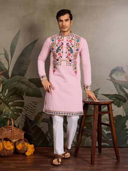 Men’s Pink Embroidered Viscose Silk Kurta